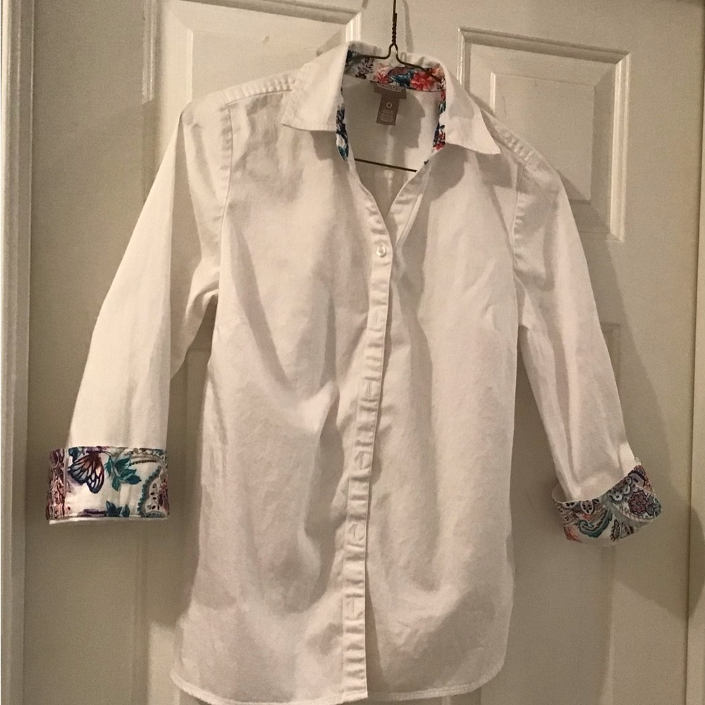 Chico's White Shirt with Vibrant Floral Trim